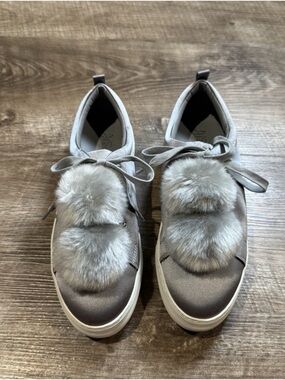 J. Slides Silver Gray Satin Platform Pom Pom Sneaker- 7.5